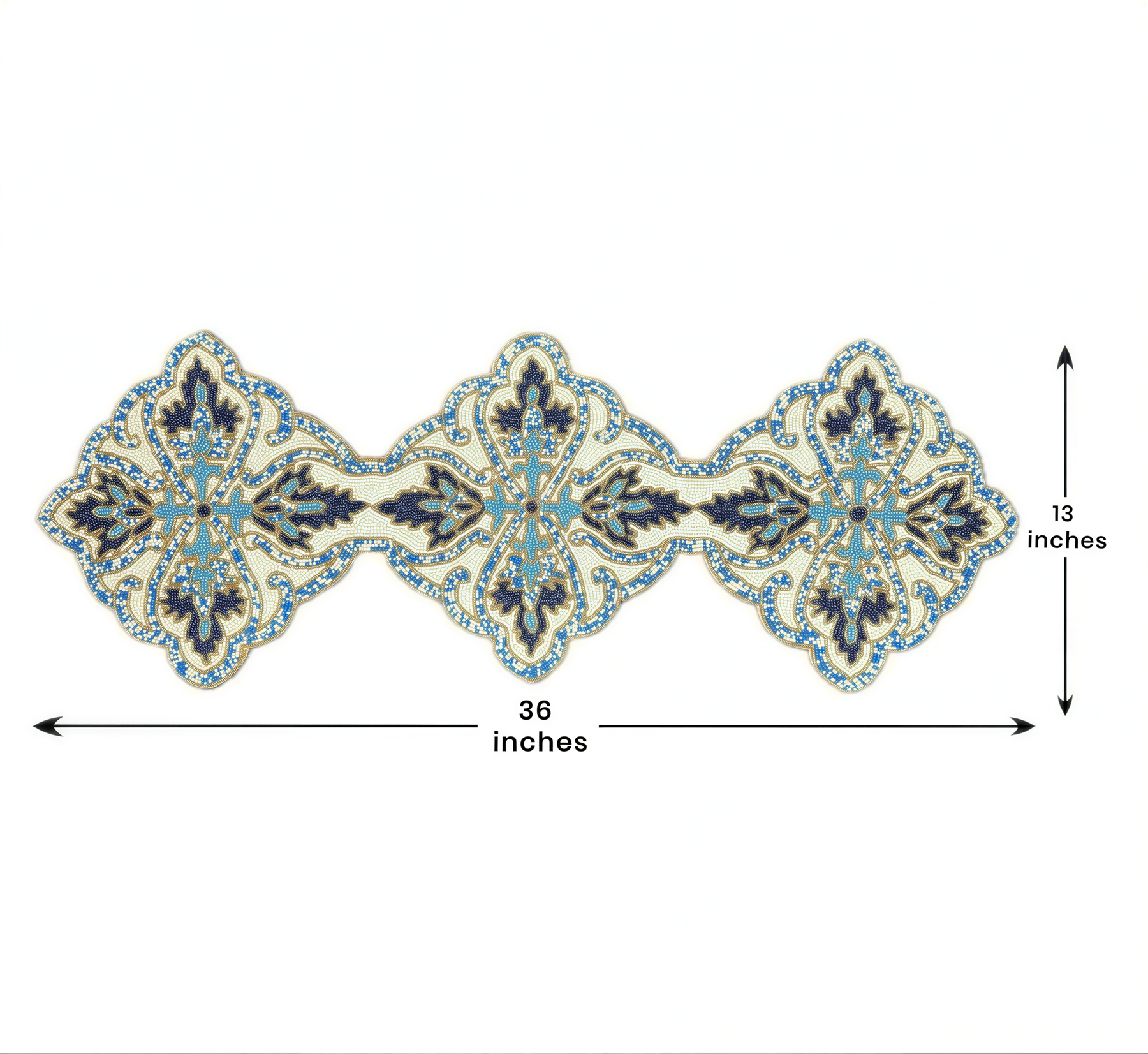 a decorative table runner with a floral pattern in shades of blue and white. The runner is approximately 36 inches long.
