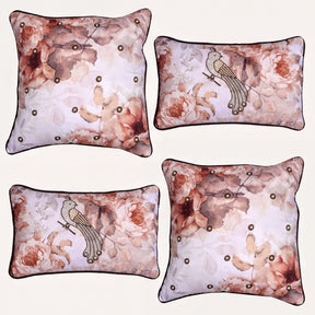 Set of four LD20180010136-4 bird printed design throw pillow covers with colorful bird patterns on fabric.