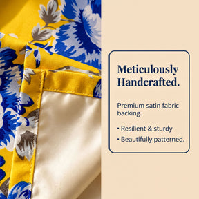 The image is a close-up of a fabric with a floral pattern, accompanied by text that describes the fabric as premium satin, resilient, and beautifully patterned.