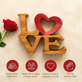 a wooden sign with the word "LOVE" in the center, accompanied by a red rose on the left side. The sign is made of solid wood and has a heart-shaped cutout in the center.