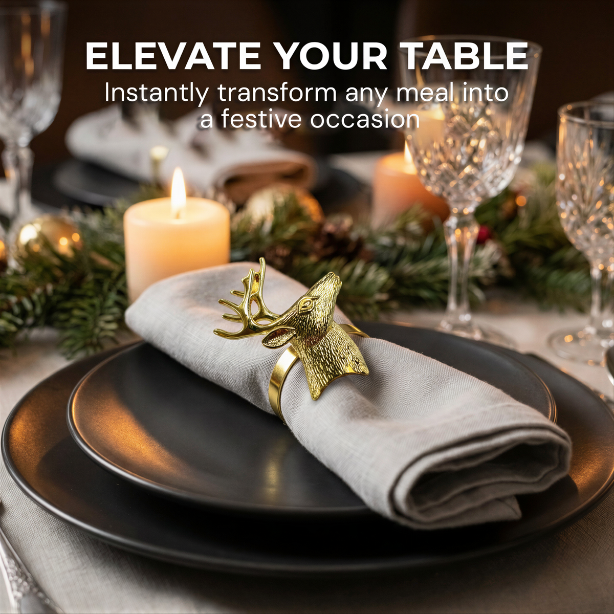 a table setting with a candle, wine glasses, and a decorative napkin ring with a deer head.