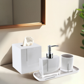 Set of four crystal white bathroom accessories, including soap dispenser, toothbrush holder, tumbler, and soap dish from B031CWH.