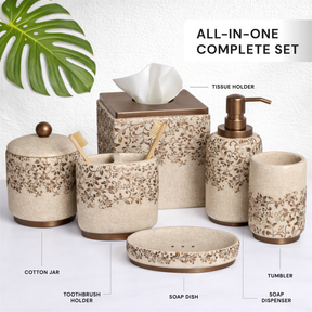 Set of six beige modern bathroom décor accessories from the Stella Collection by AH8312B, including soap dispensers and holders.