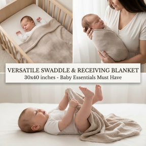 The image is a collage of three photos depicting a baby swaddled in a blanket, a baby wrapped in a blanket, and a baby lying on a bed with a blanket.