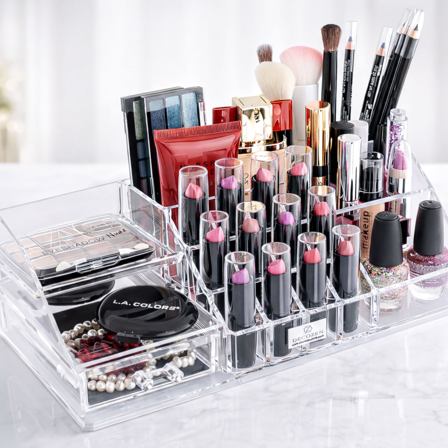 Clear F1215 makeup organizer with 19 slots and 1 drawer, perfect for storing cosmetics and beauty tools.