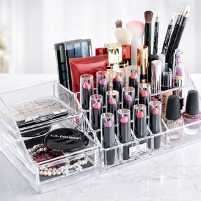 Clear F1215 makeup organizer with 19 slots and 1 drawer, perfect for storing cosmetics and beauty tools.
