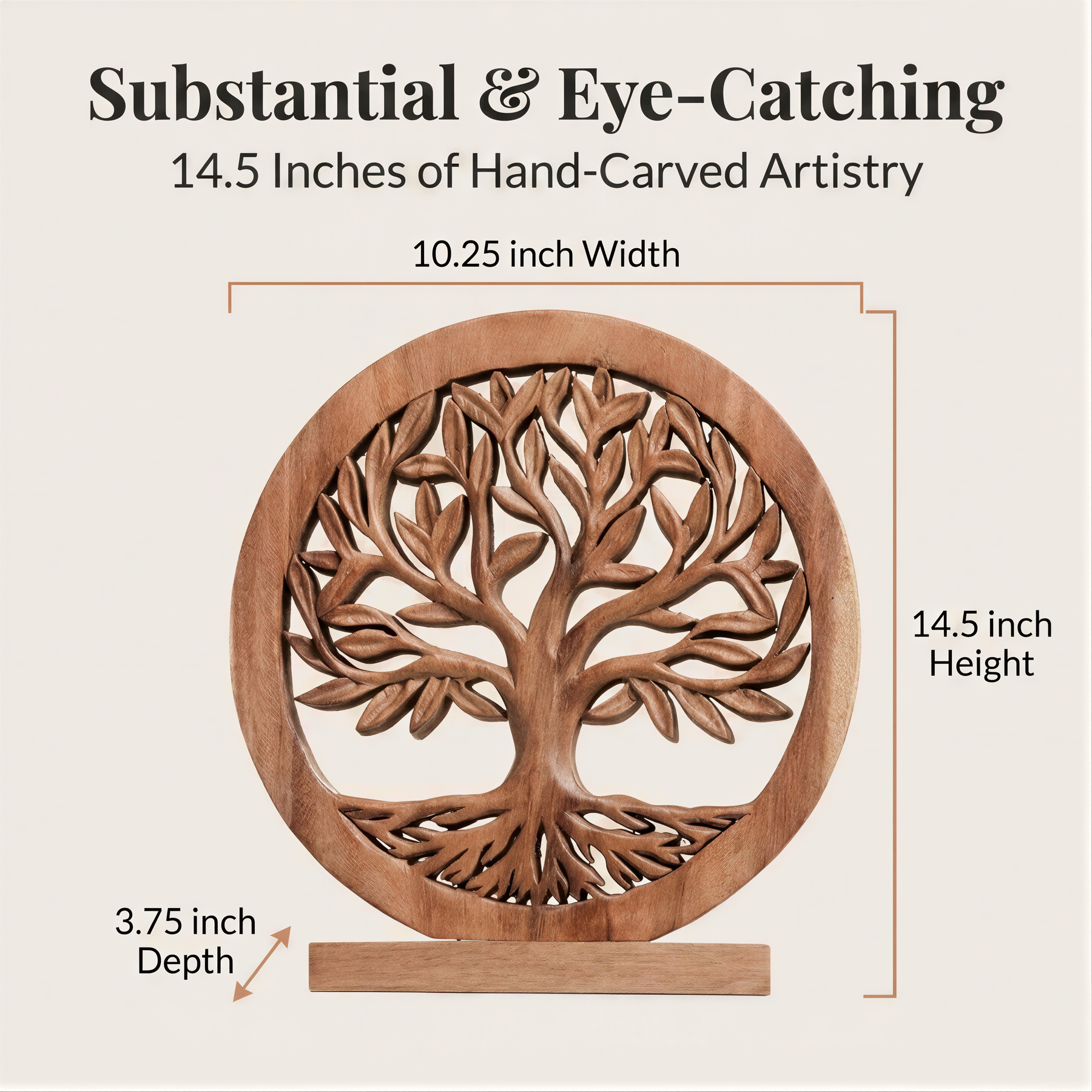 a hand-carved tree-like design with intricate details, including a trunk, branches, and leaves. The tree appears to be made of wood and is approximately 14.5 inches in diameter. The image also includes measurements and dimensions, with the tree's height being 14.5 inches and the depth of the trunk being 3.75 inches.