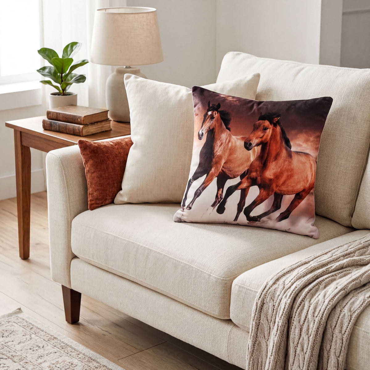 a cozy living room with a beige sofa adorned with a throw blanket and a decorative pillow featuring a horse image. The room also includes a wooden side table with a lamp and a plant, creating a warm and inviting atmosphere.
