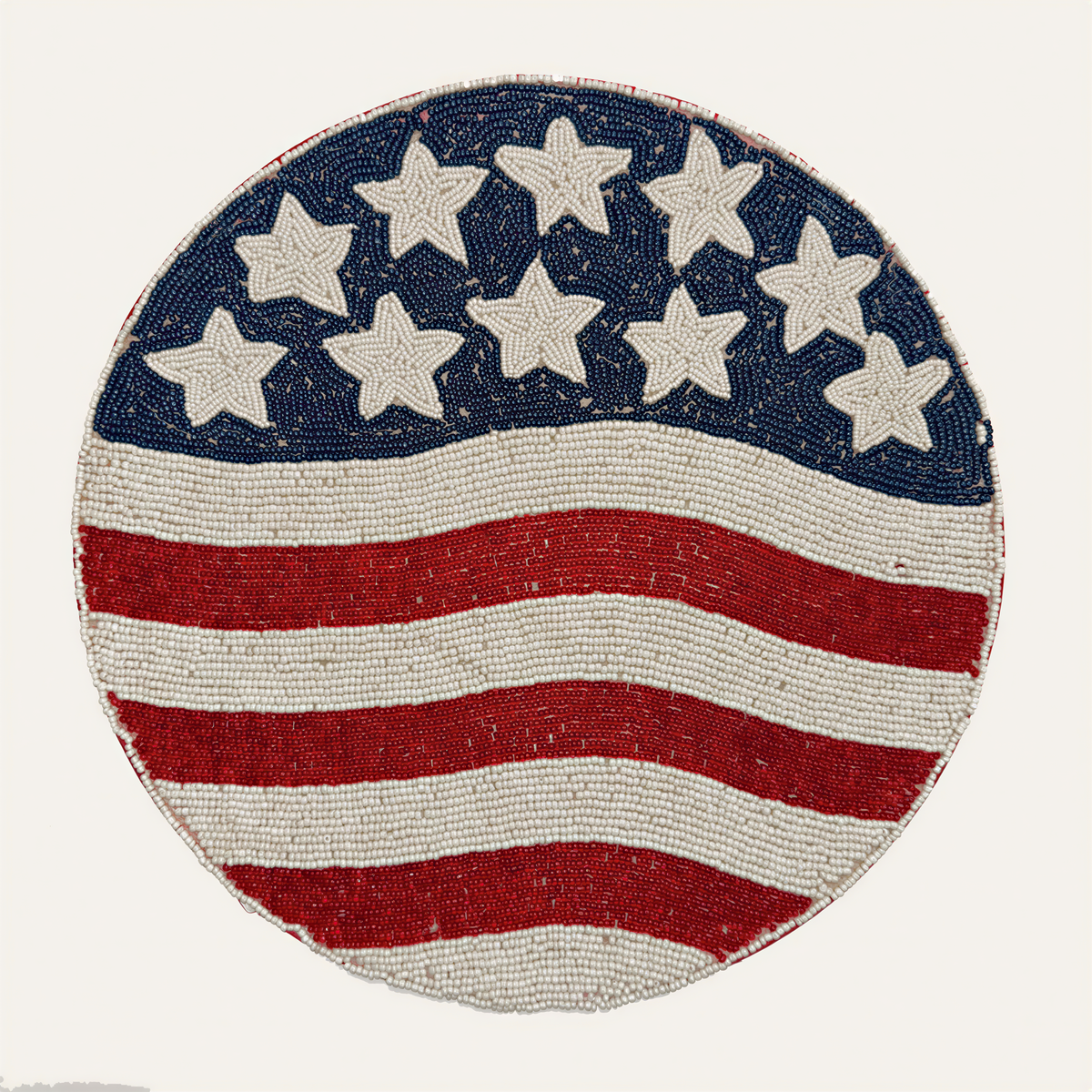 Set of 2 beaded USA flag round placemats by USPM2, featuring patriotic beaded design with American flag motifs.