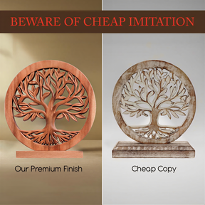The image is a split image with two different tree-shaped objects, one labeled "Our Premium Finish" and the other labeled "Cheap Copy".