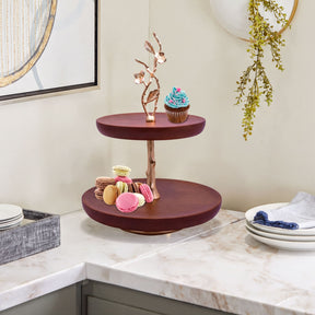 Two-tier wood cake stand for kitchen décor, featuring natural wood finish and elegant design by 817040.