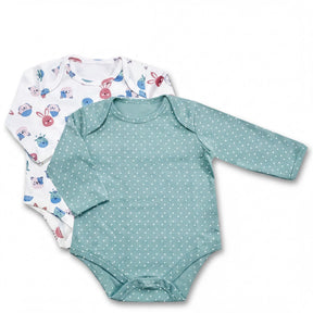 two baby onesies, one with a polka dot pattern and the other with a bunny pattern, both featuring long sleeves.