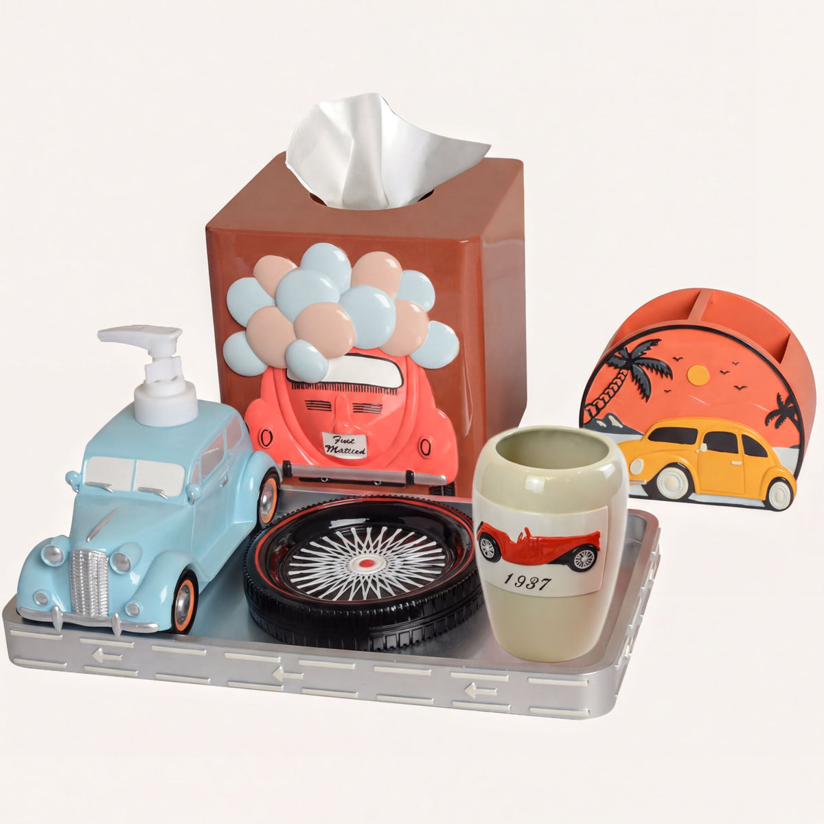Set of six modern bathroom décor accessories from AH7008's Racer Collection, including soap dispensers, holders, and trays.