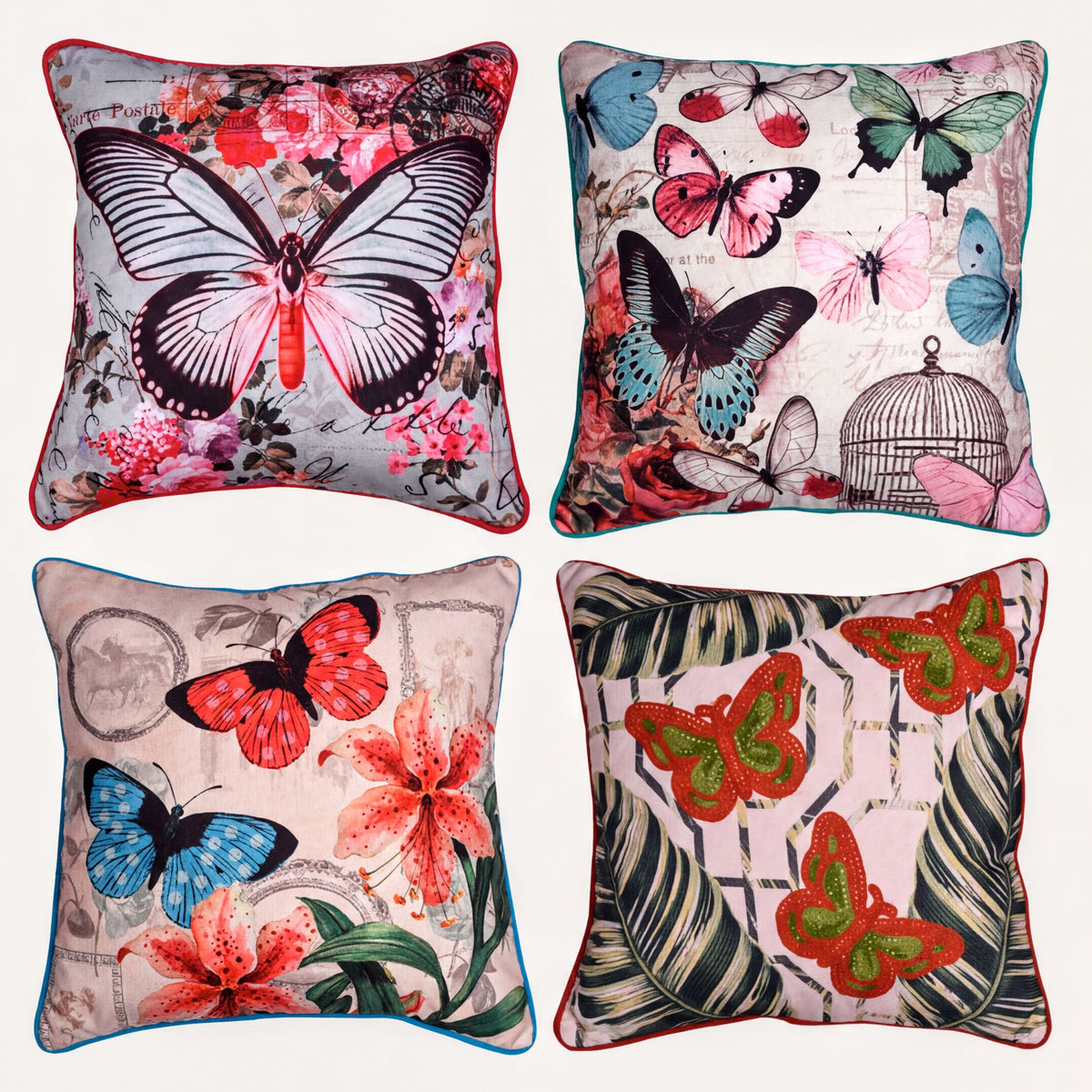 Set of 4 LD20180010162-4 butterfly printed throw pillow covers featuring colorful butterfly designs on fabric.