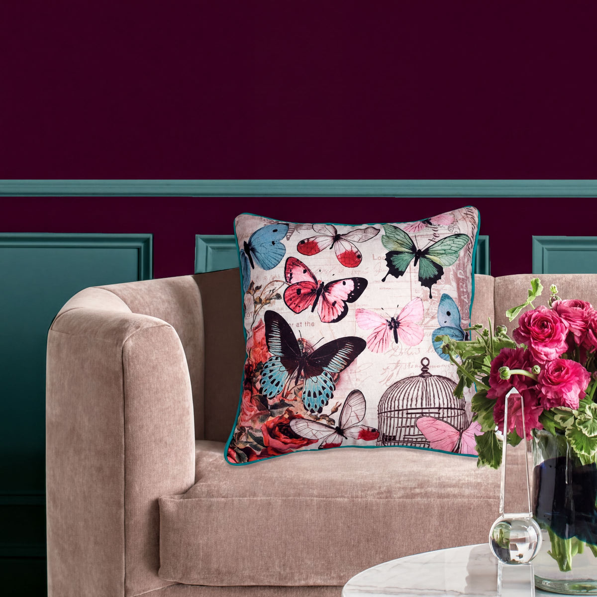 Set of four LD20180010162-4 butterfly printed throw pillow covers with colorful butterfly designs on fabric.
