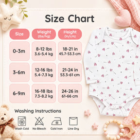 The image is a size chart for baby clothing, providing measurements and corresponding clothing sizes for different age groups.