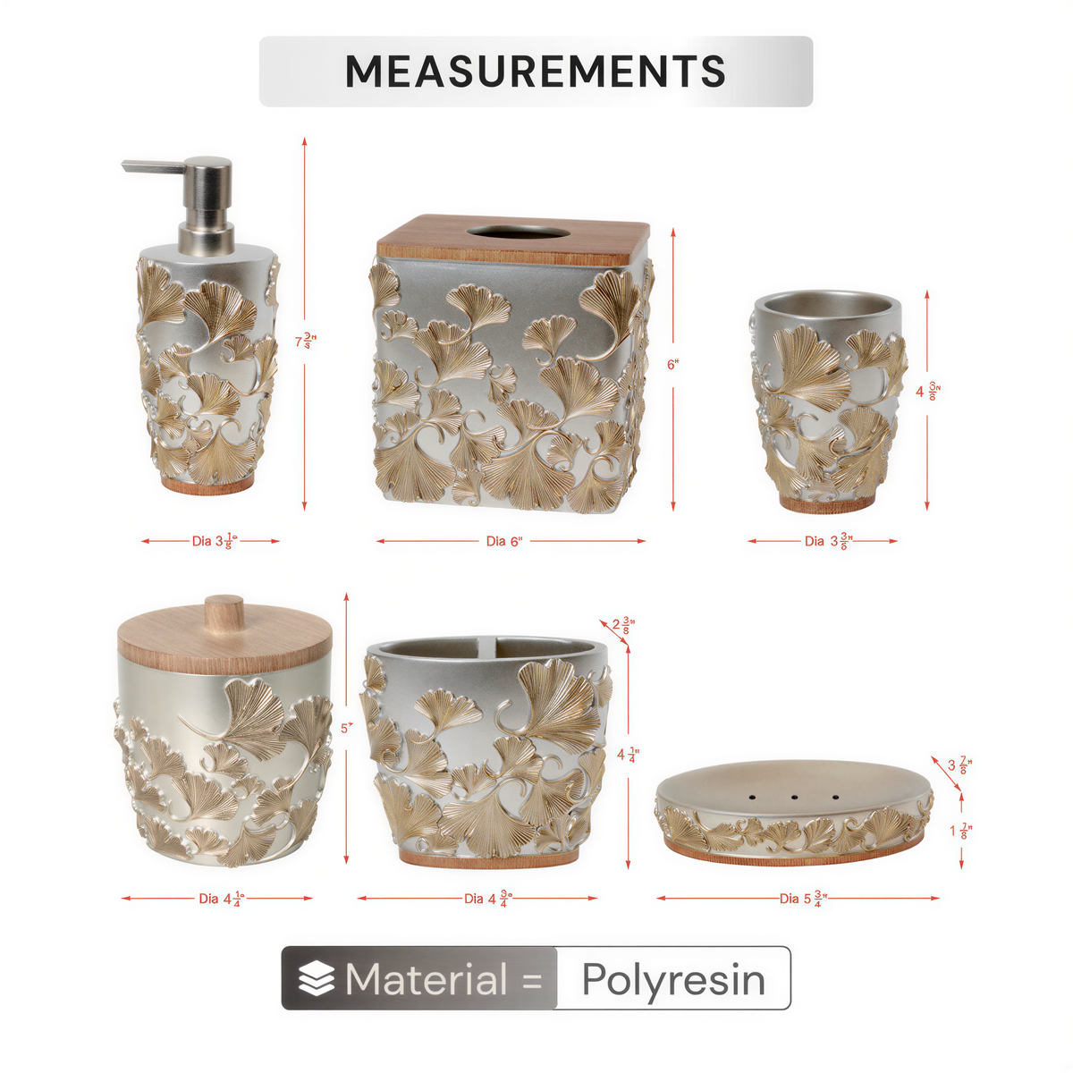 Set of six elegant modern bathroom décor accessories from the Valencia Collection by AH7011, includes soap dispenser, tumbler, and more.