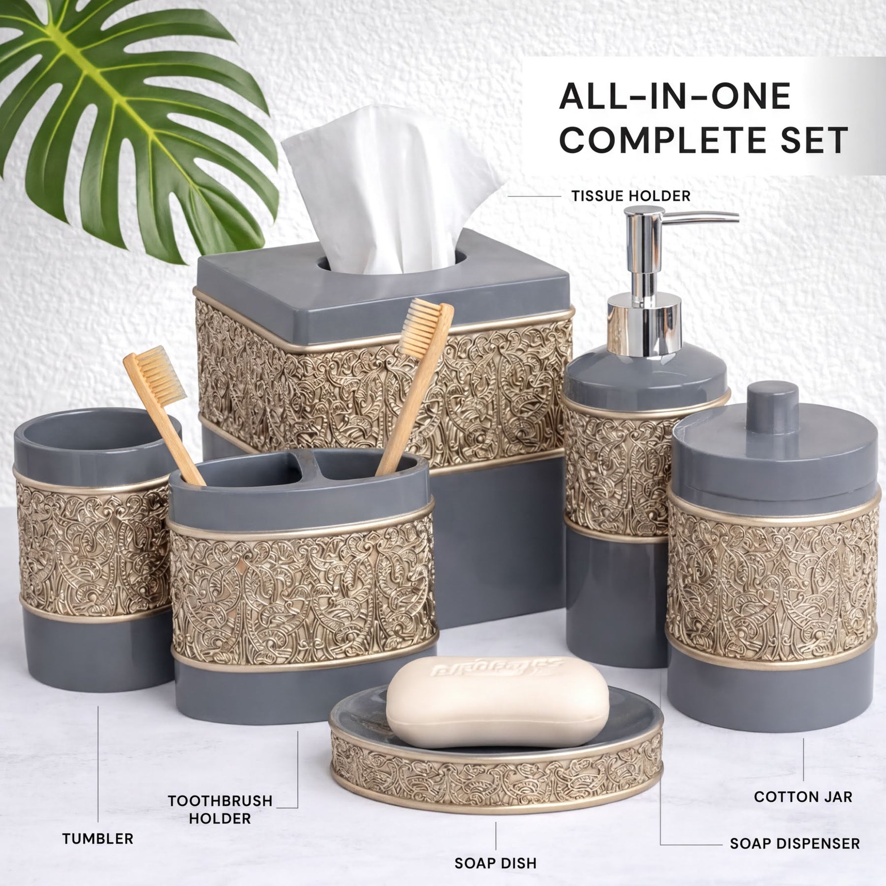 Set of six modern bathroom decor accessories from the Fionola Collection by AH8315, featuring sleek and elegant design.