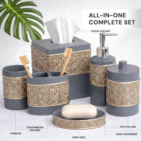 Set of six modern bathroom decor accessories from the Fionola Collection by AH8315, featuring sleek and elegant design.