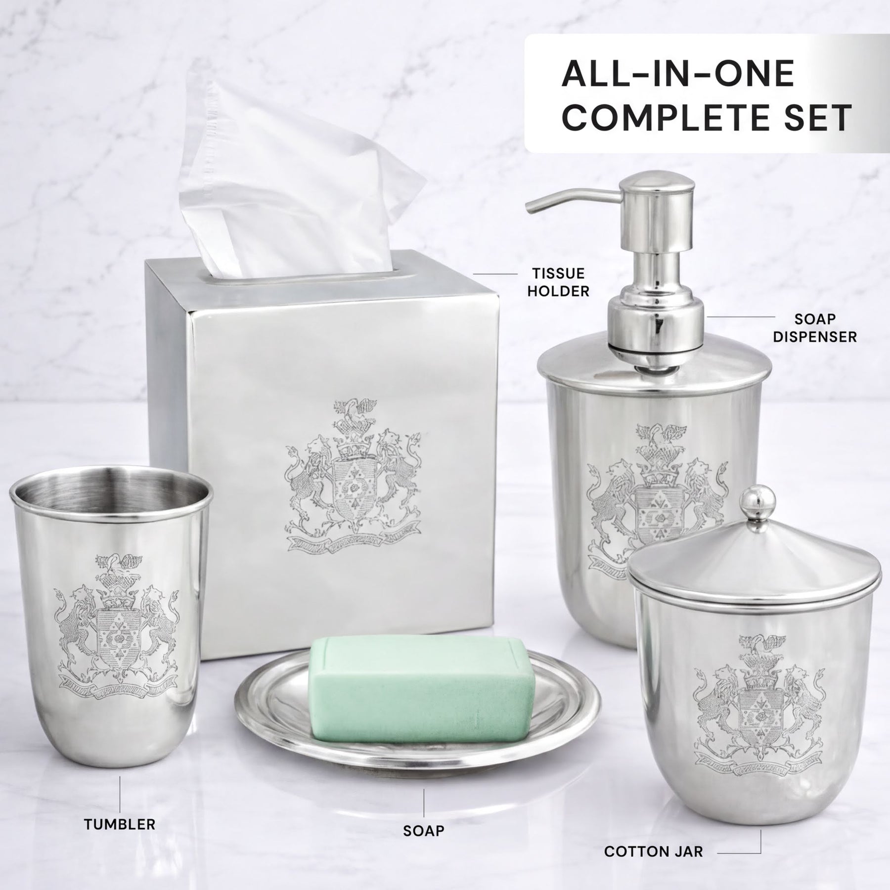 Modern bathroom décor accessories set of 5 from Durkee Collection, featuring sleek soap dispensers and matching accessories.