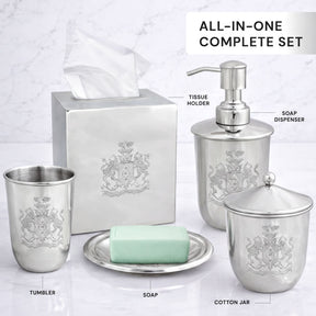 Modern bathroom décor accessories set of 5 from Durkee Collection, featuring sleek soap dispensers and matching accessories.