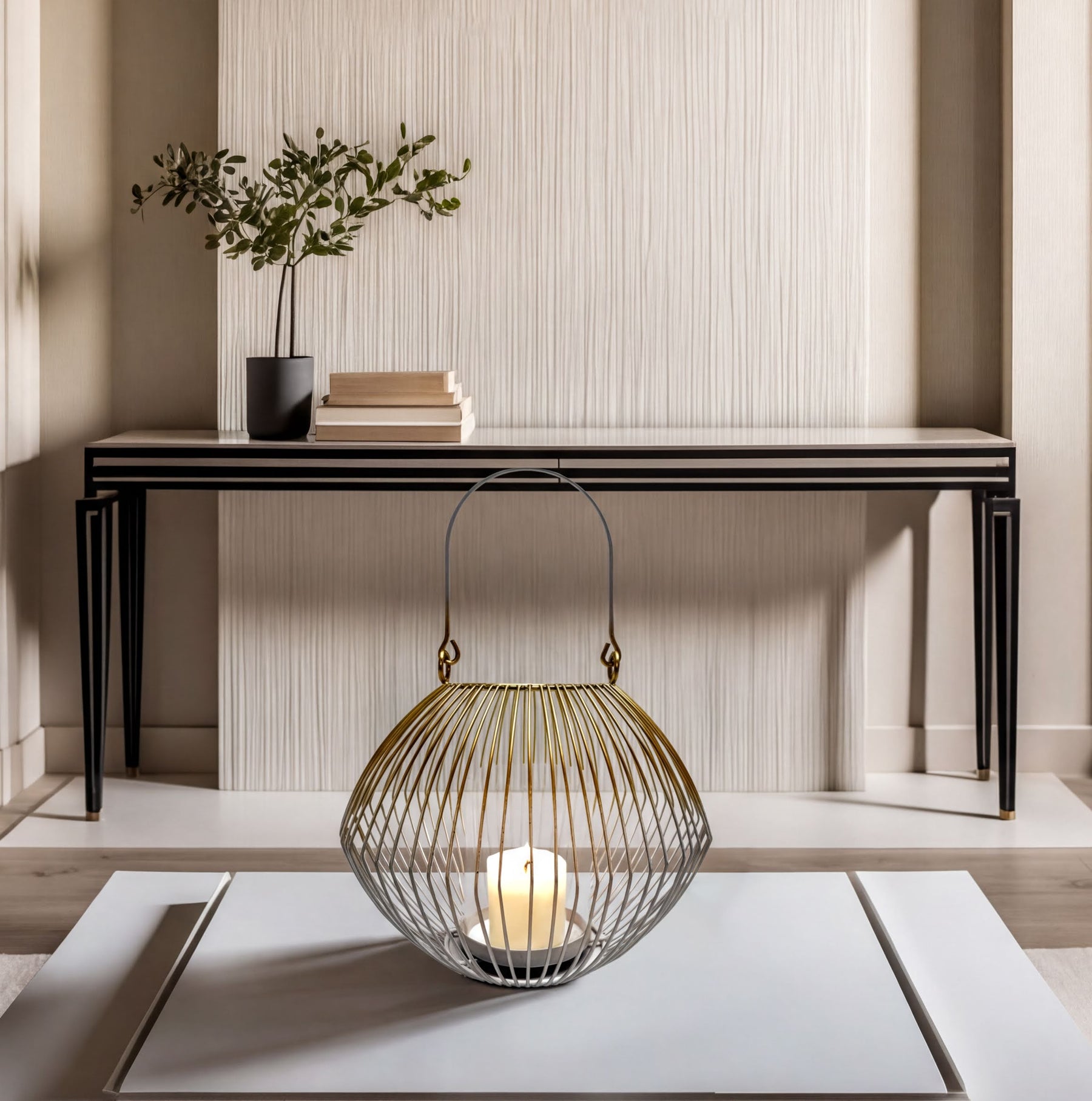 White and gold candle holder lantern from CA9942-MB, decorative candle lantern with elegant design and glass panels.