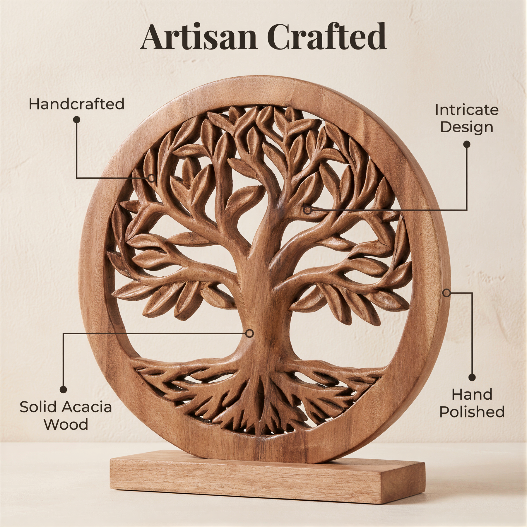 a handcrafted wooden tree sculpture with intricate carvings, placed on a wooden stand.