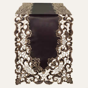 Black and gold Noir Luxe table runner from RIZ-004-RN Granada Collection, modern decorative 14x108 inch table centerpiece.