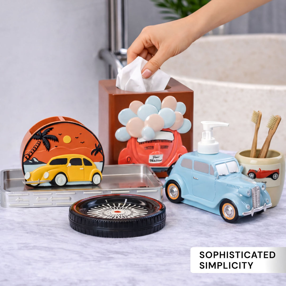 Elegant modern bathroom décor accessories set of 6 from The Racer Collection, stylish bath set by AH7008.