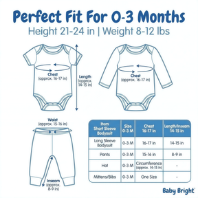 The image is a visual guide for parents to determine the perfect fit for their baby's clothing, specifically for a short sleeve bodysuit and pants. It provides measurements and corresponding sizes for different age groups, ranging from 0 to 3 months.