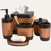 Set of six AH7006 Wally Collection modern bathroom décor accessories, including soap dish, tumbler, and storage containers.