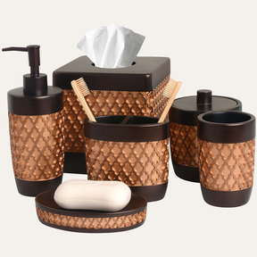 Set of six AH7006 Wally Collection modern bathroom décor accessories, including soap dish, tumbler, and storage containers.