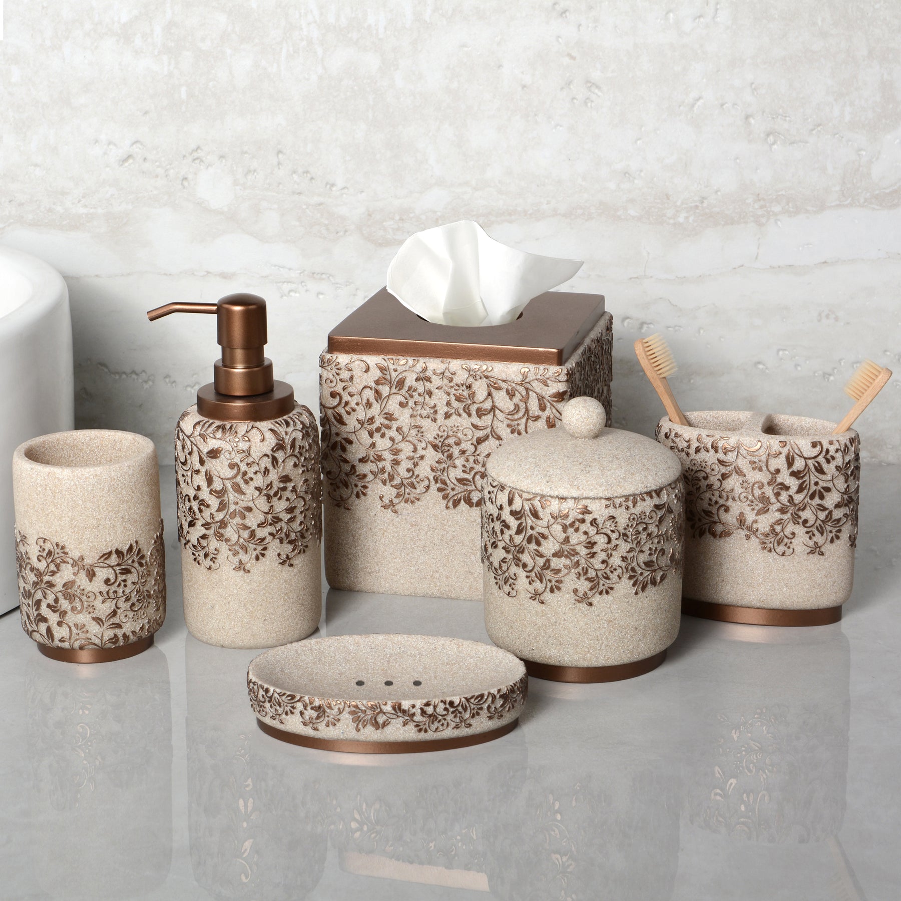 The Beige Stella Collection – Elegant Modern Bathroom Décor Accessories Set of 6 - Decozen