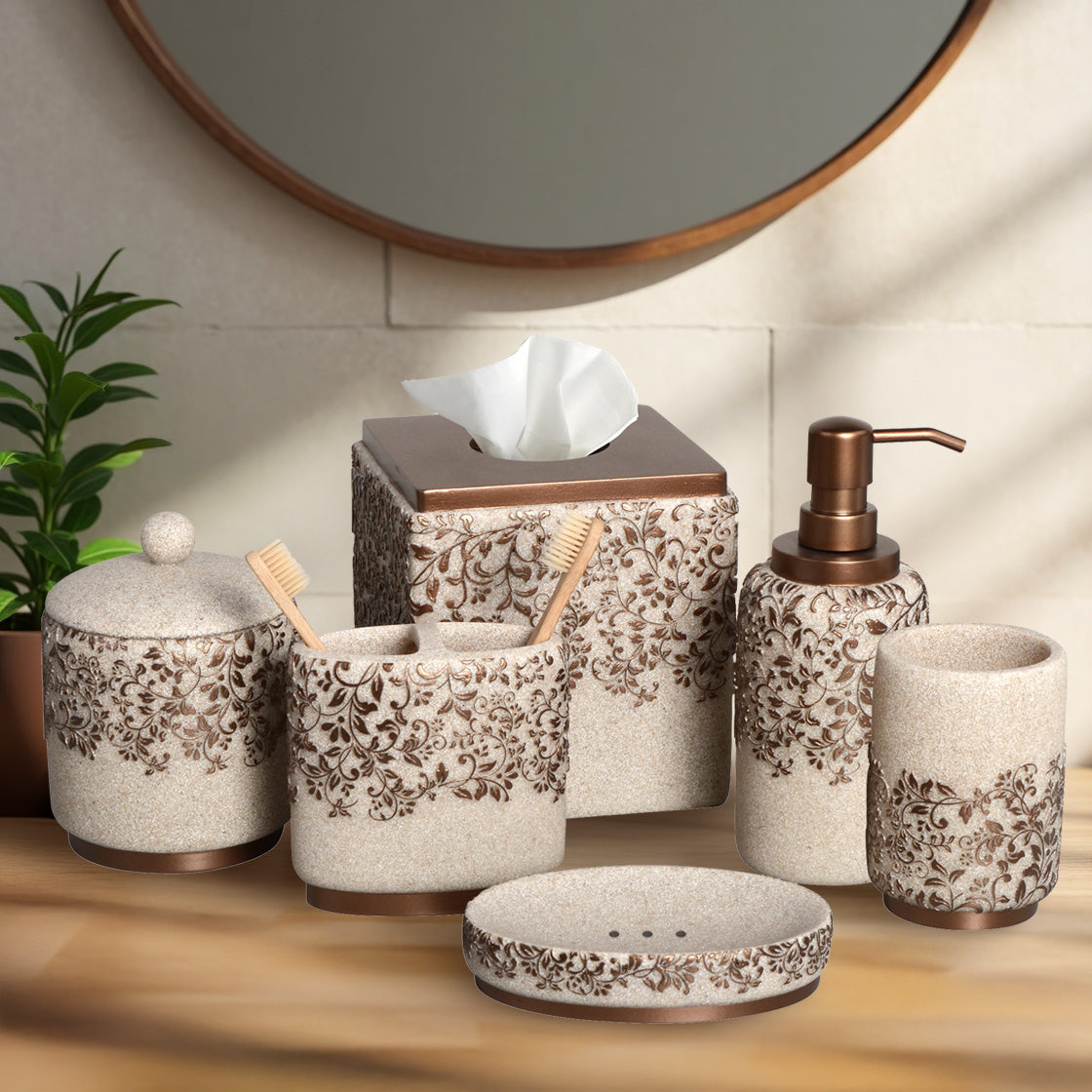 The Beige Stella Collection – Elegant Modern Bathroom Décor Accessories Set of 6 - Decozen