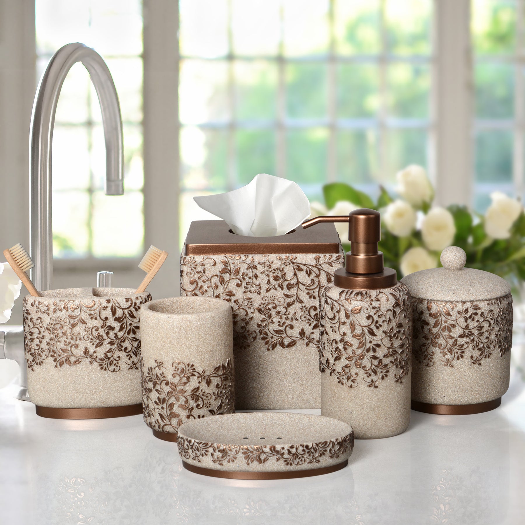 The Beige Stella Collection – Elegant Modern Bathroom Décor Accessories Set of 6 - Decozen