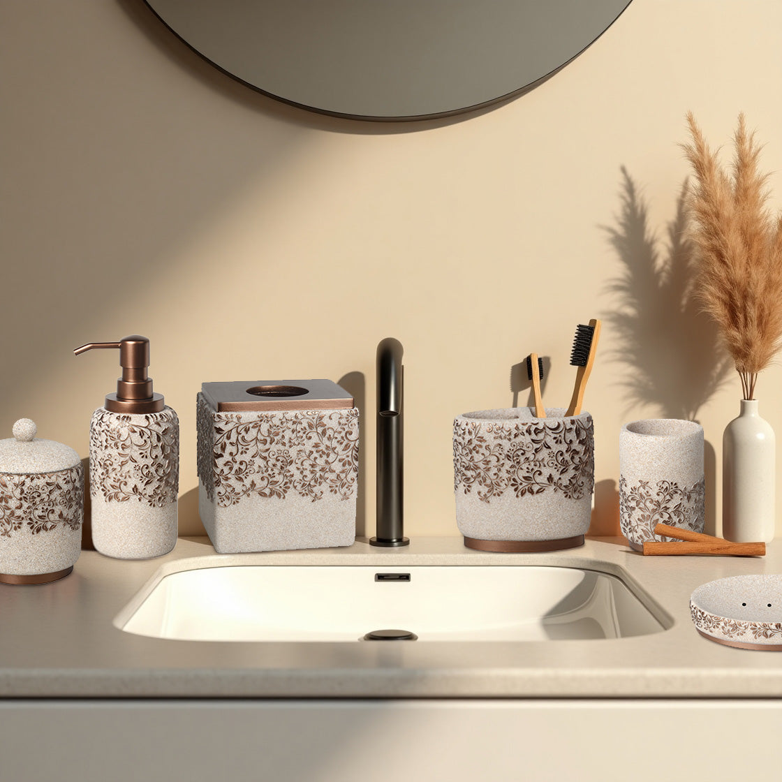 The Beige Stella Collection – Elegant Modern Bathroom Décor Accessories Set of 6 - Decozen