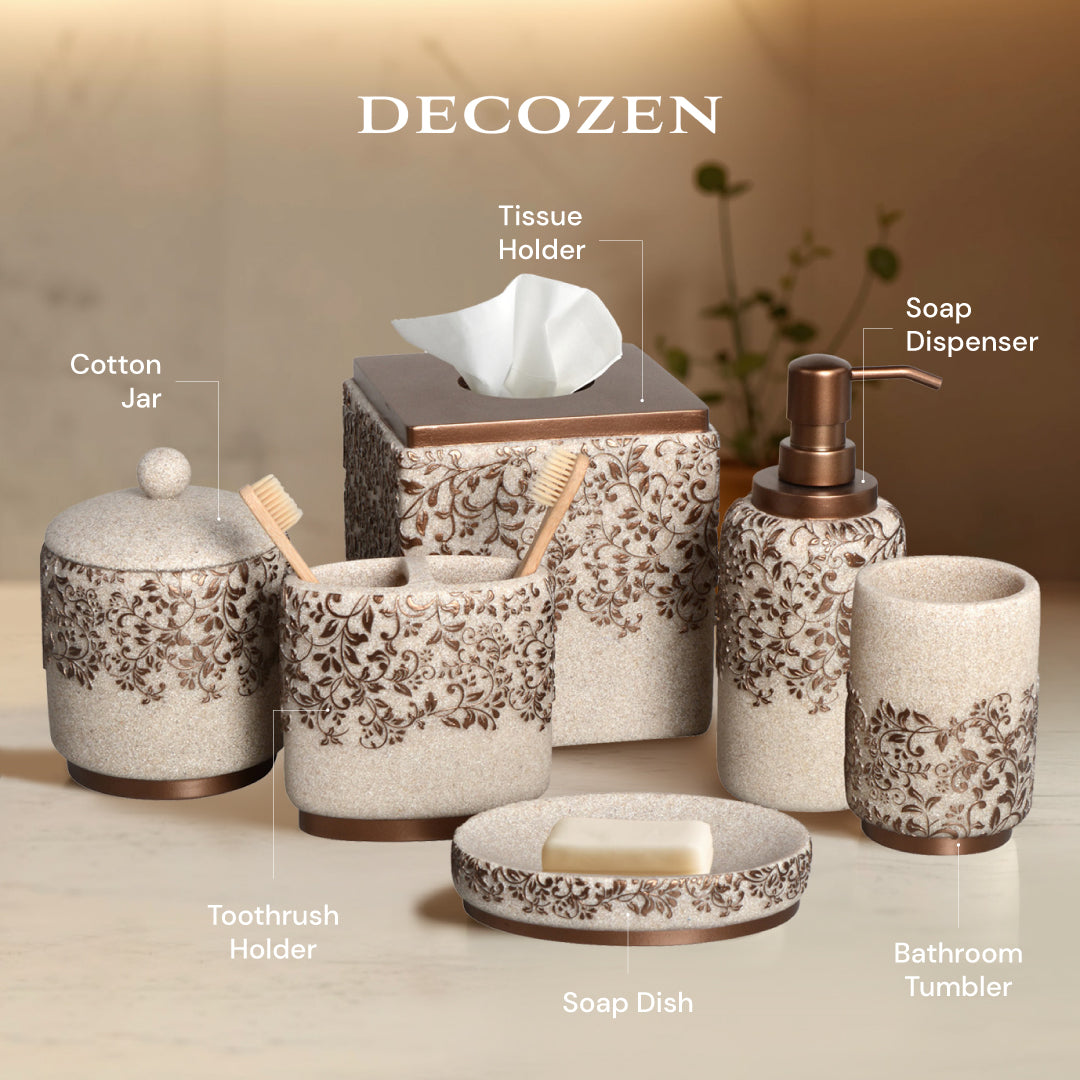 The Beige Stella Collection – Elegant Modern Bathroom Décor Accessories Set of 6 - Decozen