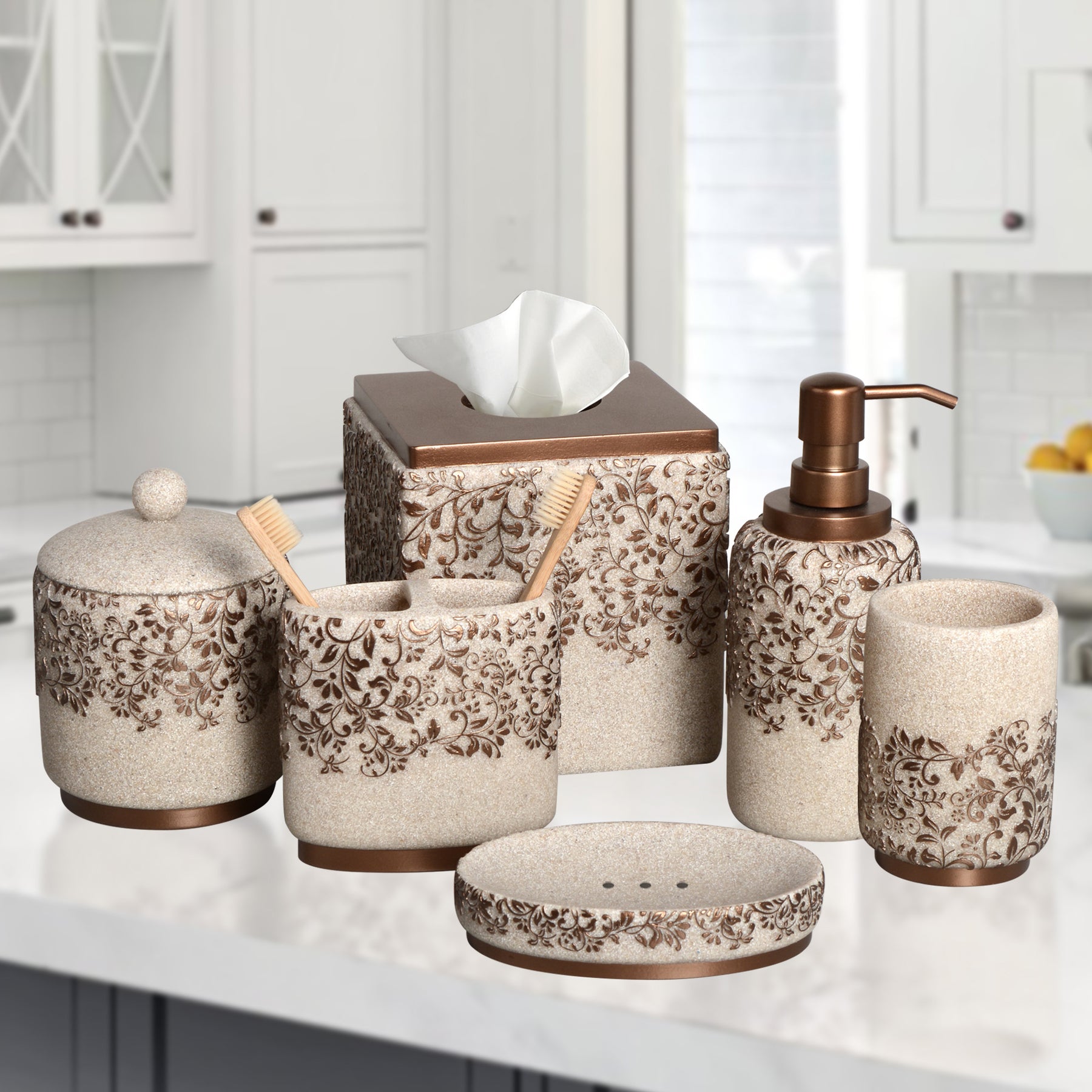 The Beige Stella Collection – Elegant Modern Bathroom Décor Accessories Set of 6 - Decozen