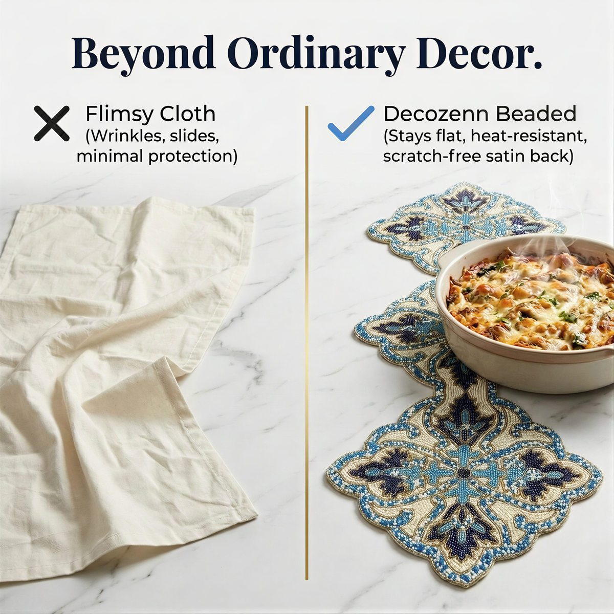 two different cloth napkins and a decorative dish on a marble surface. The napkins are described as "Flimsy Cloth" and "Decozenn Beaded", while the dish is described as "Decozenn Beaded" and "Stays flat, heat-resistant, scratch-free satin back".