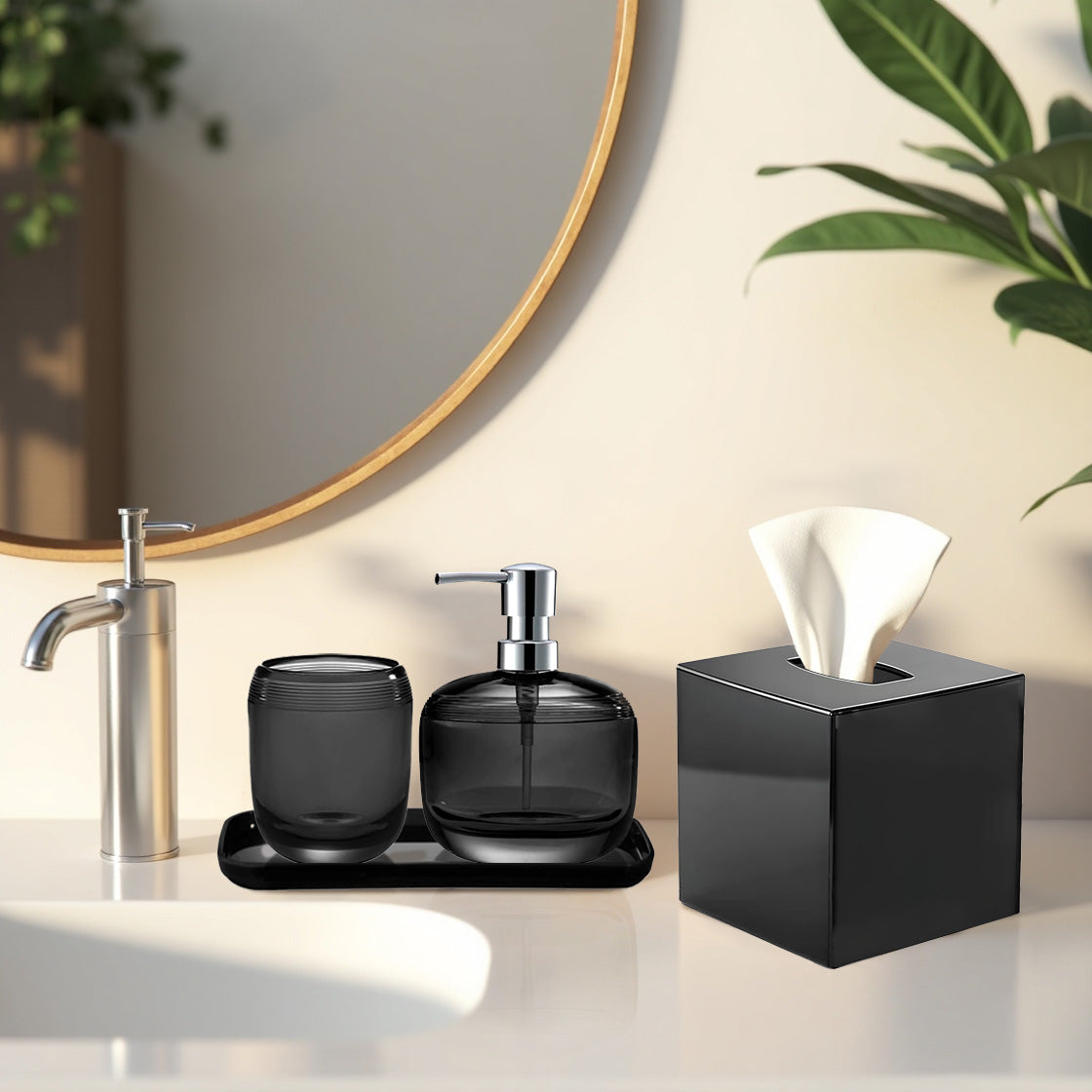 Set of four modern bathroom decor accessories from The Aurik Collection, featuring sleek and elegant design for stylish bathrooms.