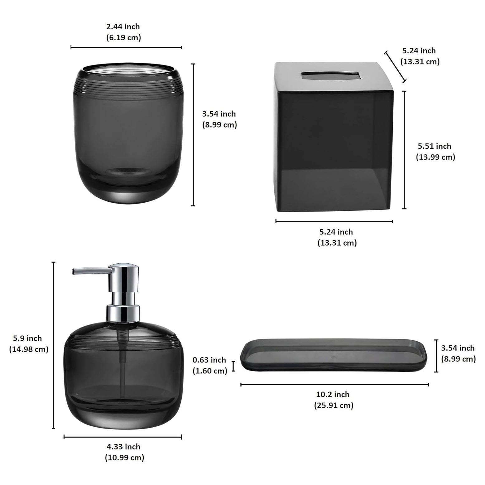 Set of four modern bathroom décor accessories from The Aurik Collection, featuring sleek, elegant design for stylish bath spaces.