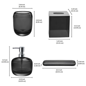 Set of four modern bathroom décor accessories from The Aurik Collection, featuring sleek, elegant design for stylish bath spaces.