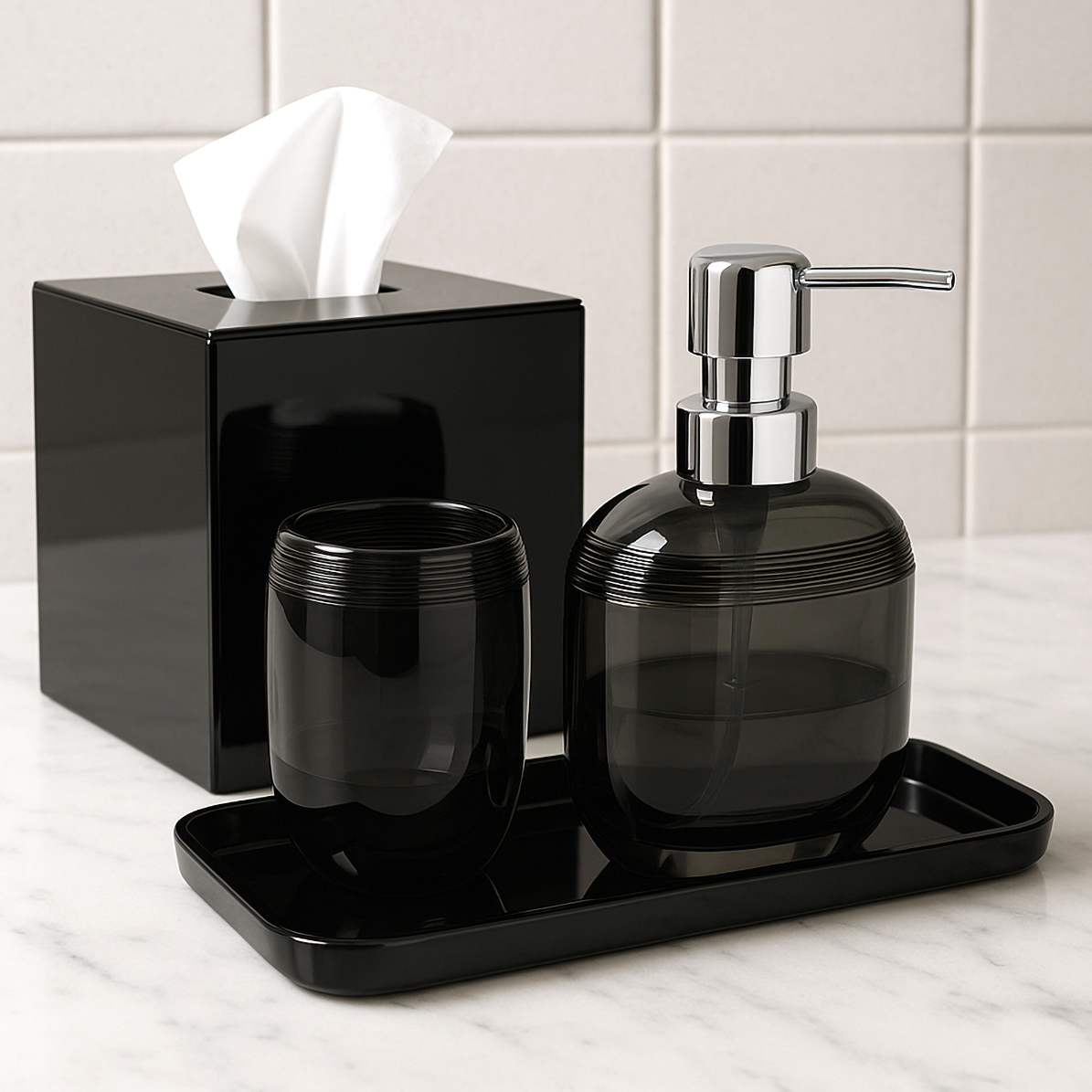 Set of four modern bathroom decor accessories from The Aurik Collection, featuring sleek, elegant design in a contemporary style.
