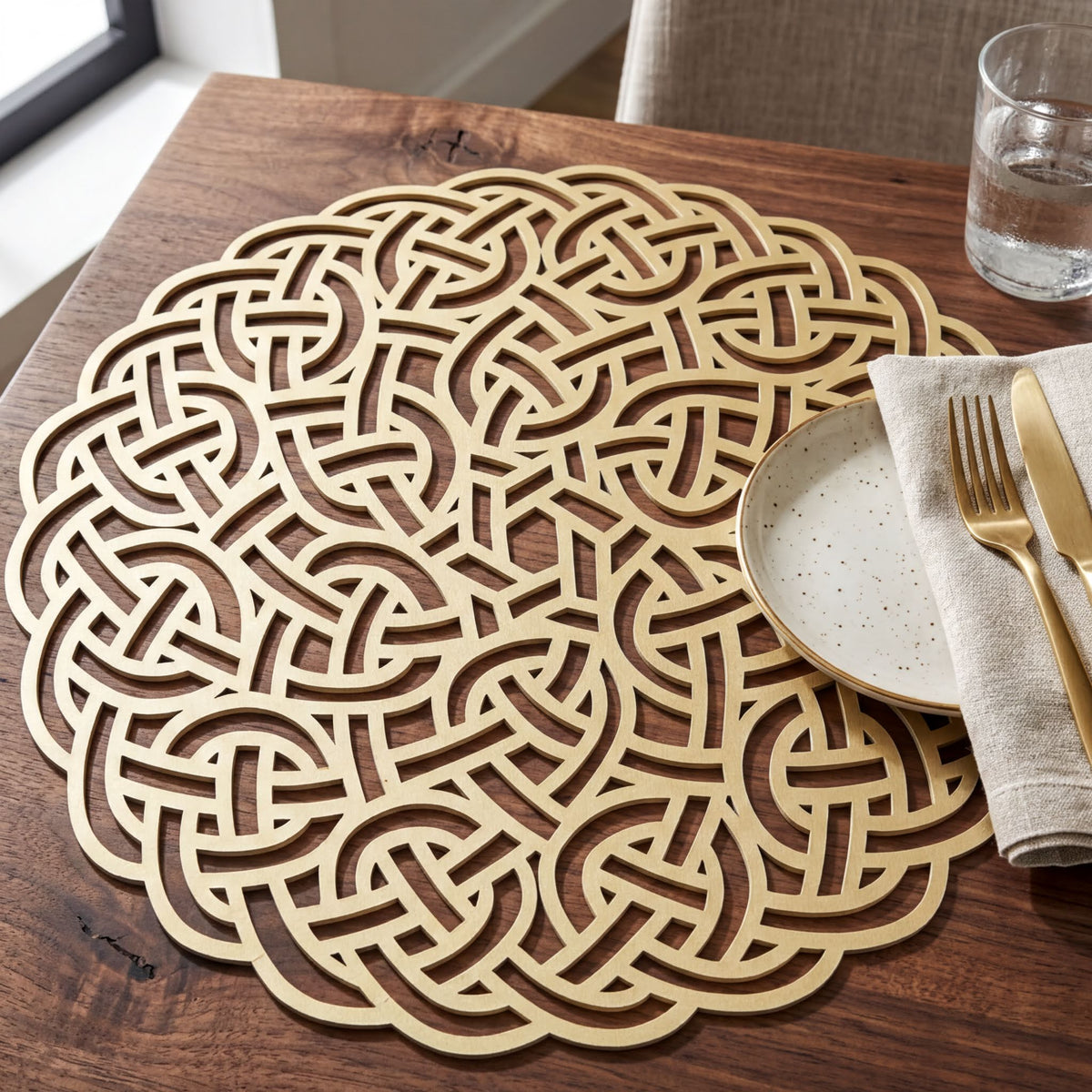 a wooden table with a decorative gold placemat, a white plate, and a fork and knife.