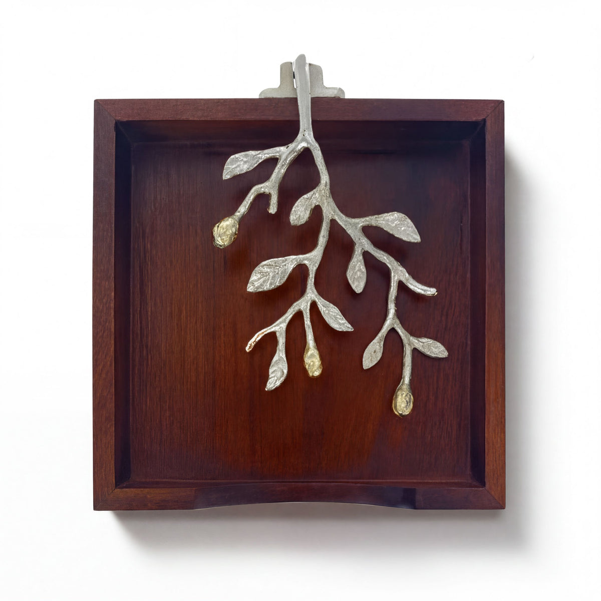 Solid wood napkin holder with silver and gold finish ornament, stylish dispenser for dining or kitchen use.
