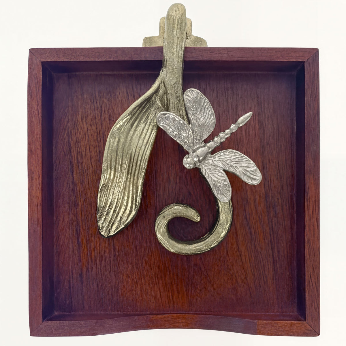 Solid wood napkin holder with silver and gold finish ornament, stylish dispenser for elegant table settings.