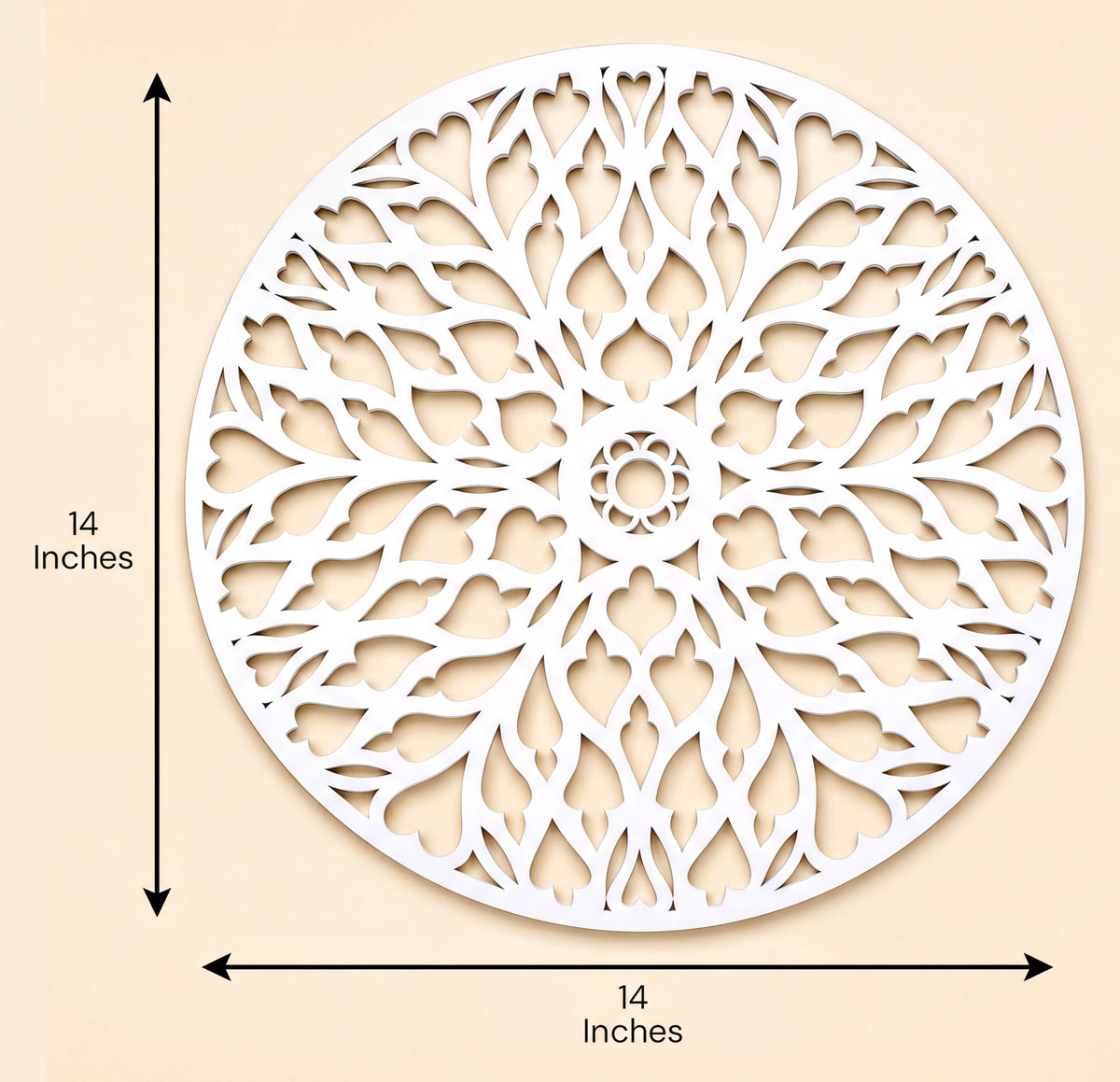 a decorative white circular piece with a floral pattern, and it is 14 inches in diameter.