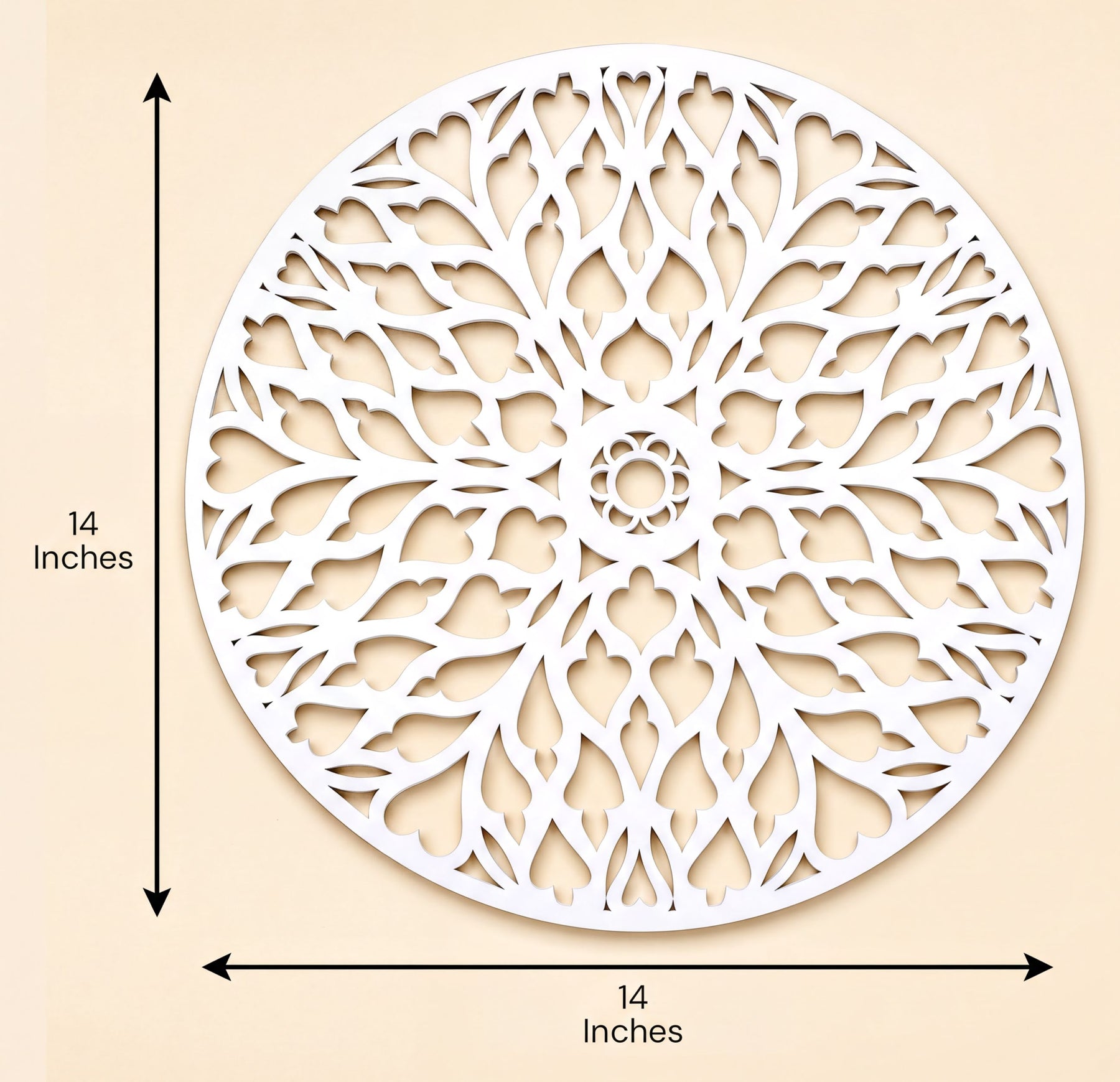 a decorative white circular piece with a floral pattern, and it is 14 inches in diameter.