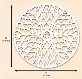 a decorative white circular piece with a floral pattern, and it is 14 inches in diameter.