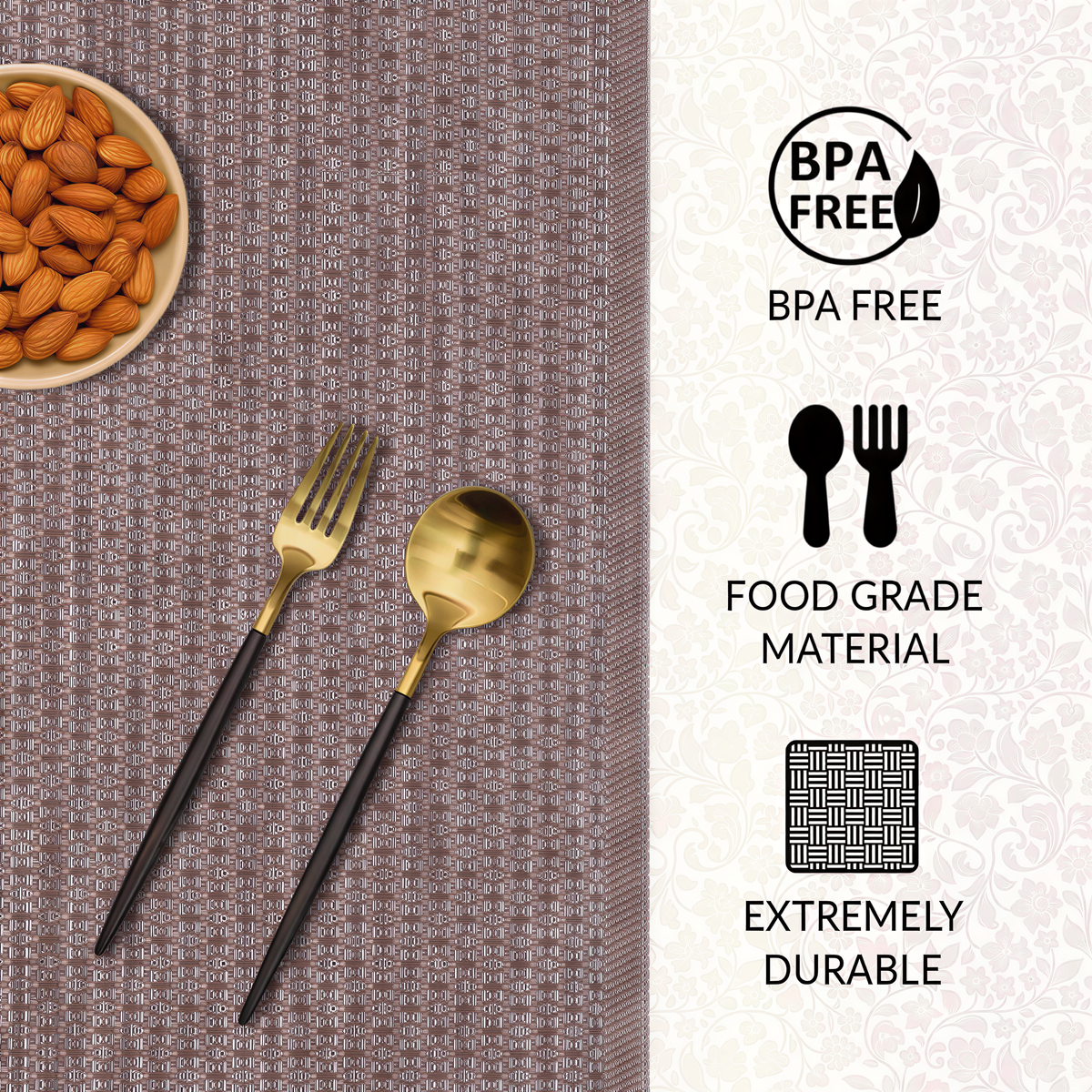 Brown and gold PVC placemats from Decozen, heat-resistant and washable, designed for indoor and outdoor table decor.